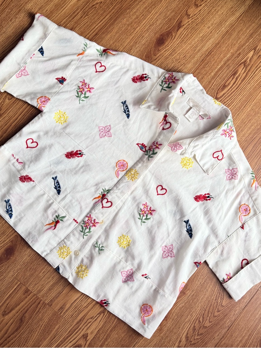 🌸NWOT Caroline Constas White Embroidered Boxy Button-Front Short Sleeve Top